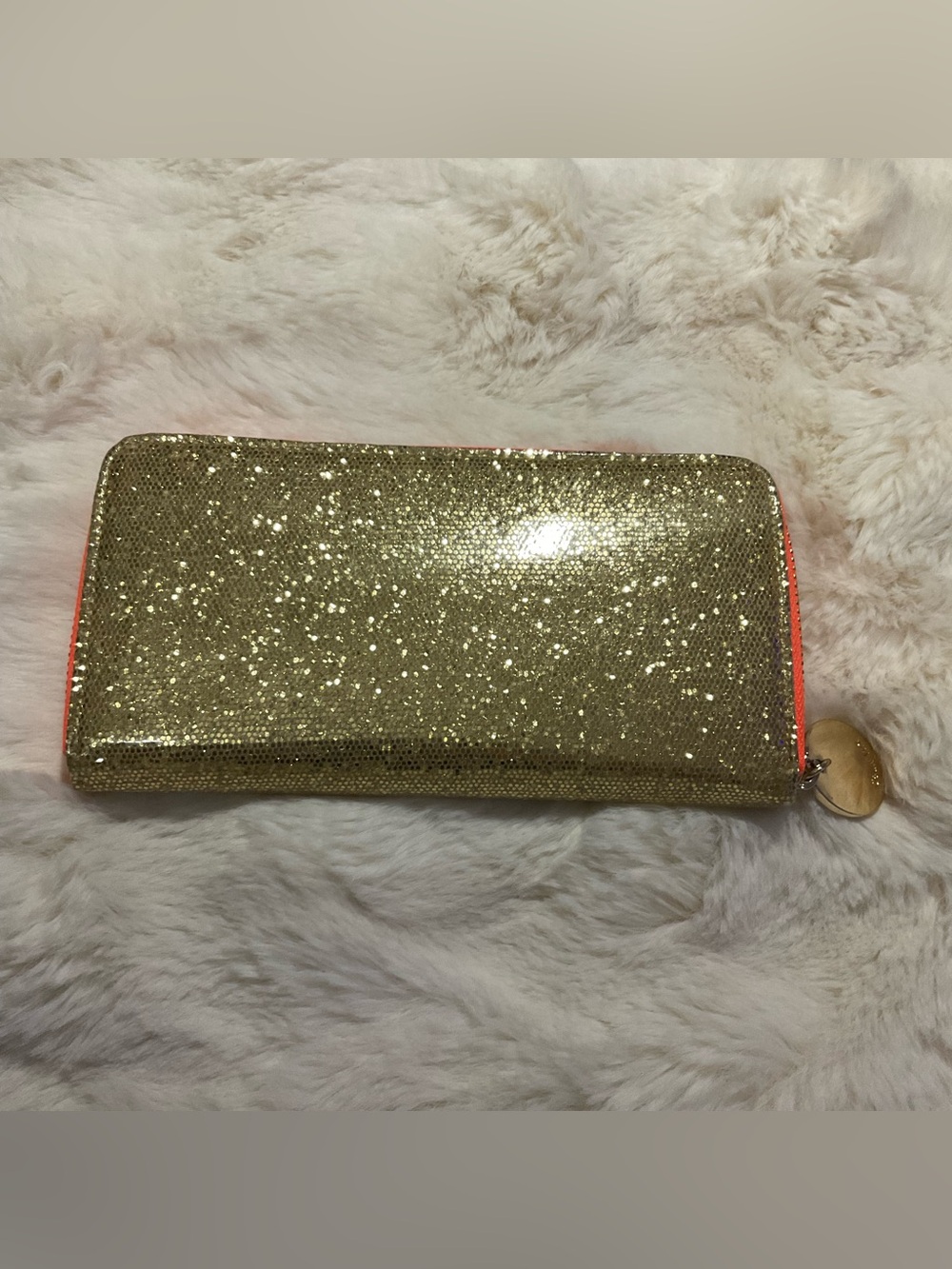 Deuce Lux Gold Glitter Continental Zip-Around Wallet, Orange details, GUC